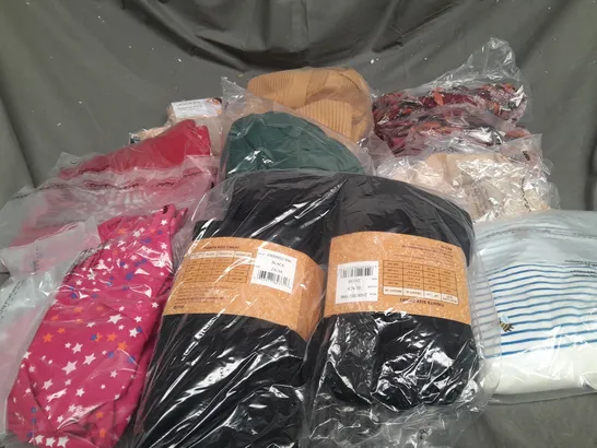 LARGE BOX OF ASSORTED CLOTHING ITEMS IN VARIOUS SIZES AND COLORS