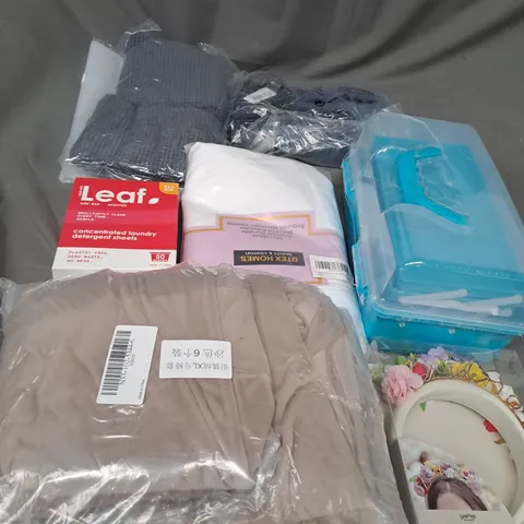 BOX OF APPROXIMATLY 10 ITEMS TO INCLUDE: LEAF DETERGENT SHEETS & THROWS