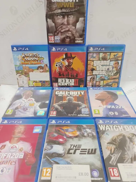 LOT TO CONTAIN 10 X ASSORTED PLAYSTATION-4 GAMES, INCLUDE RED DEAD REDEMPTION 2, GTA 5, WATCH DOGS ETC 