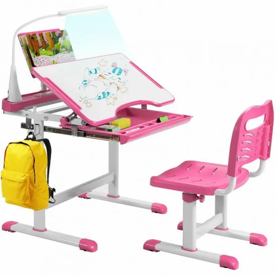 BOXED COSTWAY HEIGHT ADJUSTABLE KID'S TILTED DESK SET WITH LAMP & DRAWER - PINK