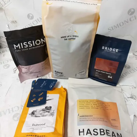 APPROXIMATELY NINE ASSORTED COFFEE PRODUCTS TO INCLUDE; HASBEAN BY OZONE COFFEE JABBERWOCKY 250G, DRIFTWOOD DARKWOODS COFFEE 250G, BRIDGE SINGLE ORIGIN UGANDA 250G AND RAVE 