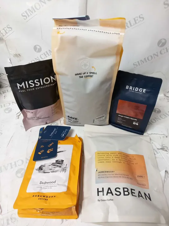 APPROXIMATELY NINE ASSORTED COFFEE PRODUCTS TO INCLUDE; HASBEAN BY OZONE COFFEE JABBERWOCKY 250G, DRIFTWOOD DARKWOODS COFFEE 250G, BRIDGE SINGLE ORIGIN UGANDA 250G AND RAVE 