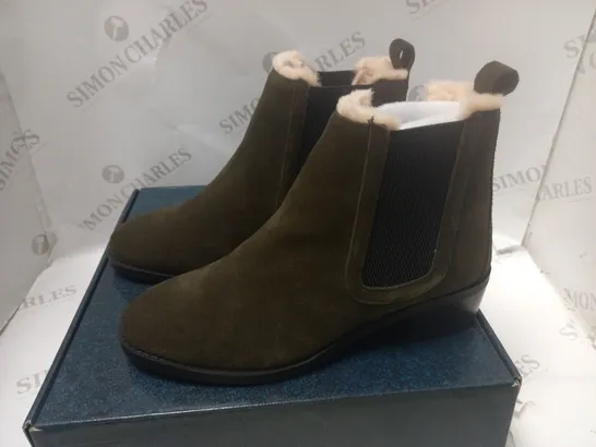 BOXED ELLIN SUEDE OLIVE ANKLE BOOTS - SIZE 6