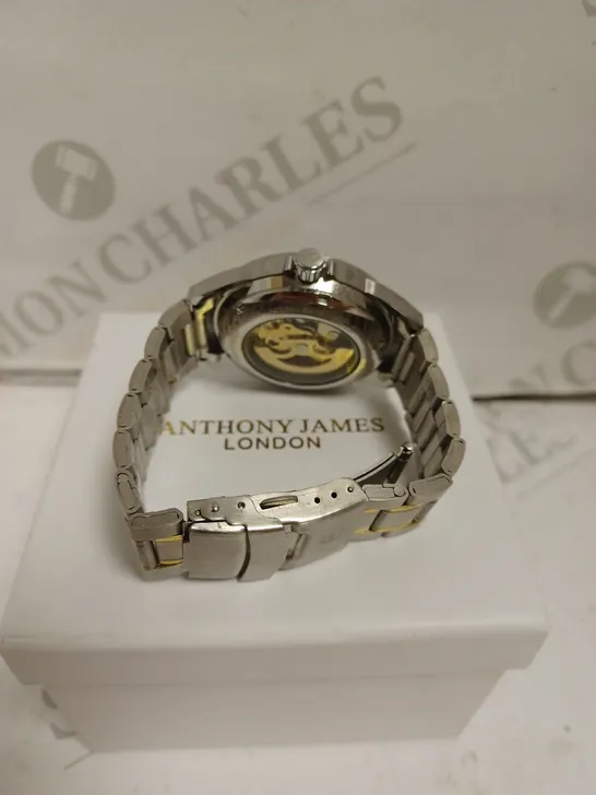 BOXED ANTHONY JAMES WATCH - TWO TONE STAINLESS STEEL - AUTOMATIC - SKELETON FACE - WATER RESISTANT. 