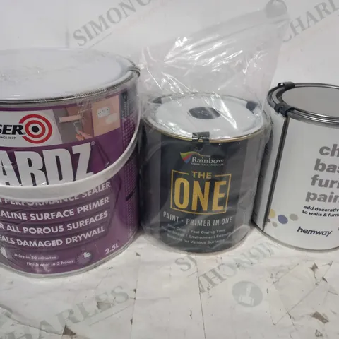 LOT OF APPROXIMATELY 5 ASSORTED HOUSEHOLD ITEMS TO INCLUDE CHALK BASED FURNITURE PAINT, THE ONE PAINT + PRIMER IN ONE, ZINSSER GARDZ, ETC