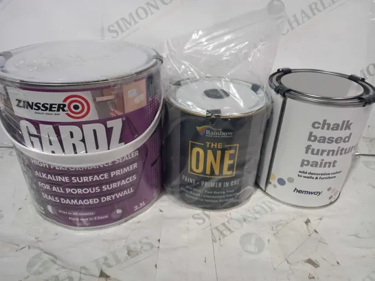 LOT OF APPROXIMATELY 5 ASSORTED HOUSEHOLD ITEMS TO INCLUDE CHALK BASED FURNITURE PAINT, THE ONE PAINT + PRIMER IN ONE, ZINSSER GARDZ, ETC