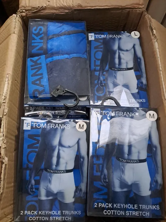 BOX OF APPROXIMATELY 20 PACKS OF TOM FRANKS BOXER SHORTS  - SIZES VARY 