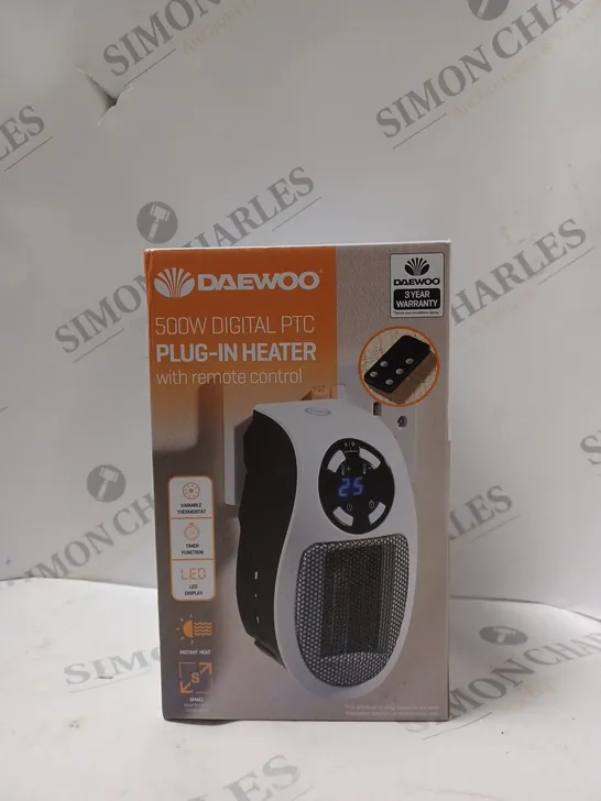 BOXED DAEWOO 500W DIGITAL PTC PLUG IN HEATER 