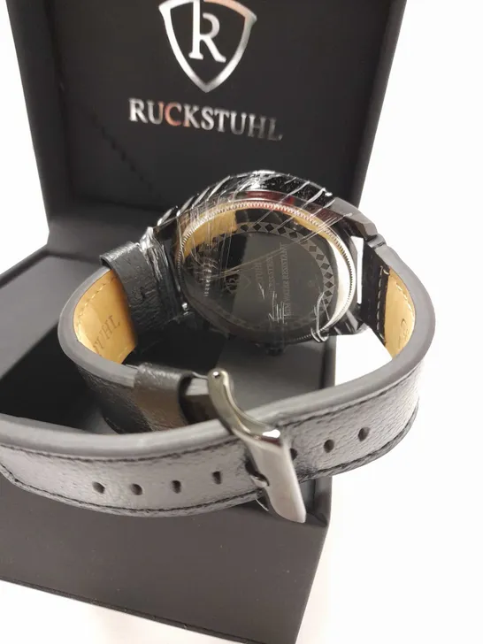 RUCKSTUHL TRIPLE DIAL BLACK LEATHER STRAP WRISTWATCH