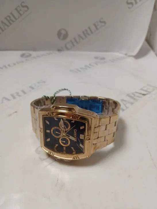 BOXED GAMAGES LONDON MAGNITUDE ROSE GOLD BLUE DIAL STAINLESS STEEL CHAIN LINK STRAP WATCH 