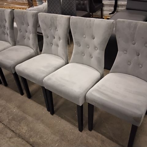 SET OF FIVE GREY FABRIC UPHOLSTERED DINING CHAIRS WITH STUDDED DETAIL