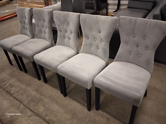 SET OF FIVE GREY FABRIC UPHOLSTERED DINING CHAIRS WITH STUDDED DETAIL