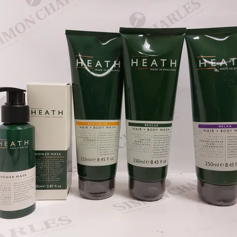 BOX OF 4 HEATH ITEMS TO INCLUDE ASSORTED HAIR+BODY WASH AND SHOWER MASK