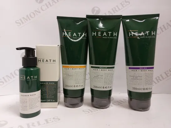 BOX OF 4 HEATH ITEMS TO INCLUDE ASSORTED HAIR+BODY WASH AND SHOWER MASK