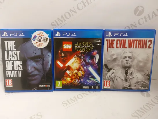 BOX OF 3 PS4 GAMES TO INCLUDE THE EVIL WITHIN 2, THE LAST OF US PART II, LEGO STAR WARS