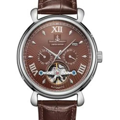 SAMUEL JOSEPH LIMITED EDITION STEEL & BROWN AUTOMATIC DESIGNER MENS WATCH - HAND ASSEMBLED - SKELETON CASE, 20 JEWELS AND A LUXURY GENUINE LEATHER STRAP - ROUND CASE - WATER RESISTANT