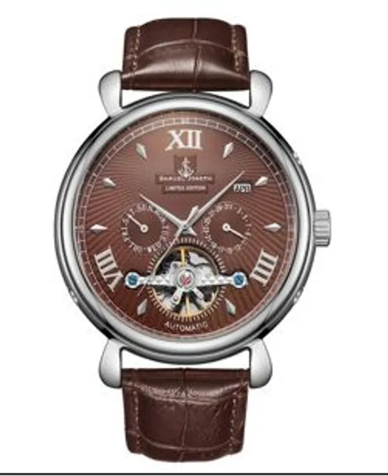 SAMUEL JOSEPH LIMITED EDITION STEEL & BROWN AUTOMATIC DESIGNER MENS WATCH - HAND ASSEMBLED - SKELETON CASE, 20 JEWELS AND A LUXURY GENUINE LEATHER STRAP - ROUND CASE - WATER RESISTANT