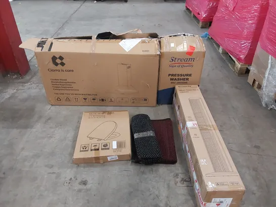 PALLET OF ASSORTED CONSUMER PRODUCTS TO INCLUDE: COOKER HOOD, PRESSURE WASHER, SMART TOWER FAN, DOOR MATS, TOILET SEAT ECT