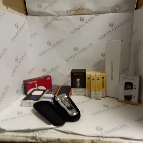BOX OF ASSORTED ITEMS TO INCLUDE ECIGS, SKY BROADBAND, REMOTE, SHAVER ETC 