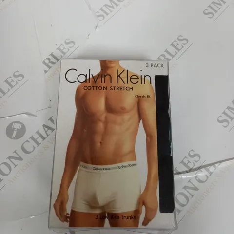 SET OF 3 BOXED CALVIN KLEIN COTTON STRETCH LOW RISE TRUNKS - BLACK WITH WHITE BAND - SMALL