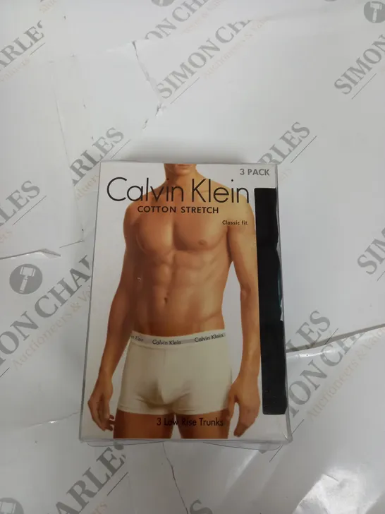 SET OF 3 BOXED CALVIN KLEIN COTTON STRETCH LOW RISE TRUNKS - BLACK WITH WHITE BAND - SMALL