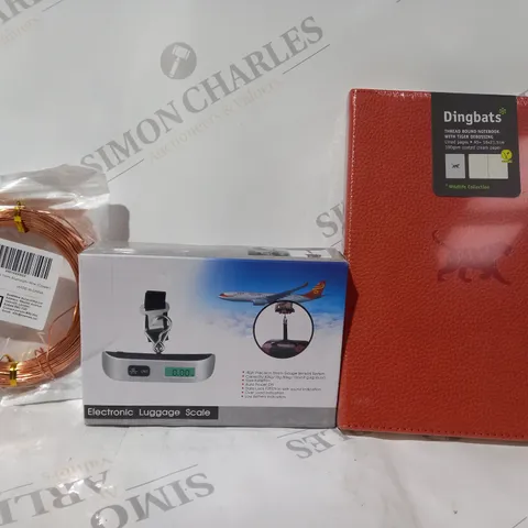 APPROXIMATELY 15 ASSORTED HOUSEHOLD ITEMS TO INCLUDE DINGBATS NOTEBOOK, LUGGAGE SCALE, ALUMINIUM WIRE, ETC