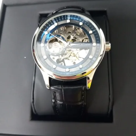 MENS LOUIS LACOMBE AUTOMATIC WATCH – SKELETON DIAL – GLASS EXHIBITION BACK CASE – LEATHER STRAP – GIFT BOX – EST £380