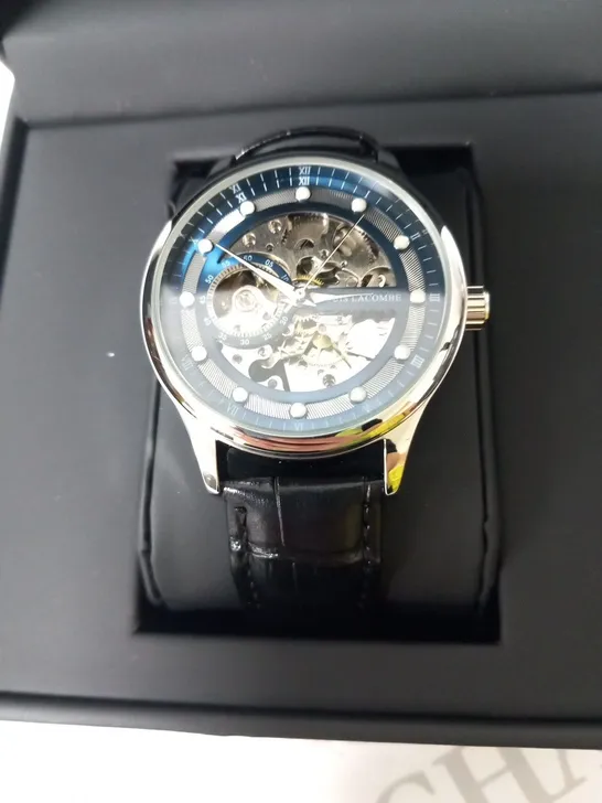 MENS LOUIS LACOMBE AUTOMATIC WATCH – SKELETON DIAL – GLASS EXHIBITION BACK CASE – LEATHER STRAP – GIFT BOX – EST £380