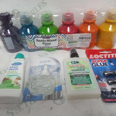 BOX OF APPROXIMATELY 15 ASSORTED ITEMS TO INCLUDE - SUPER GLUE, PAINT, NEEM OIL SPRAY ETC