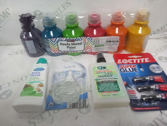 BOX OF APPROXIMATELY 15 ASSORTED ITEMS TO INCLUDE - SUPER GLUE, PAINT, NEEM OIL SPRAY ETC