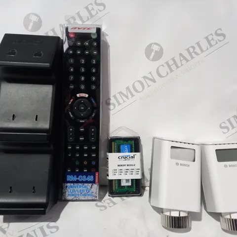 APPROXIMATELY 10 ASSORTED HOUSEHOLD ITEMS TO INCLUDE UNIVERSAL LCD/LED TV REMOTE, MEMORY MODULE, ETC