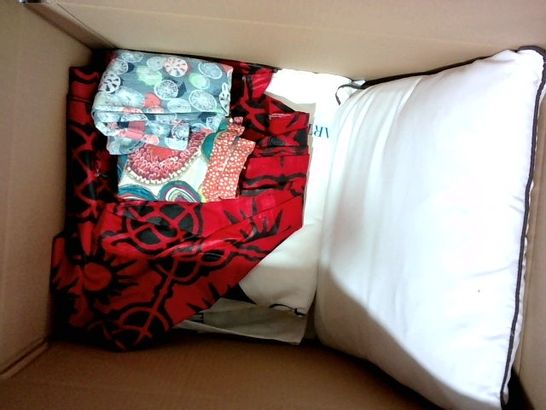 BOX OF ASSORTED HOUSEHOLD ITEMS TO INCLUDE DESIGNER ANIMAL PRINT CUSHION, SWEATY BETTY BAG, DESIGNER PET TOY ETC