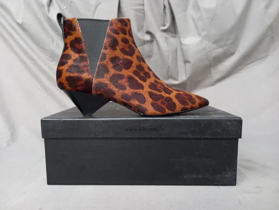 BOXED PAIR OF ASH COSMOS ANKLE BOOTS IN ANIMAL PRINT EU SIZE 36