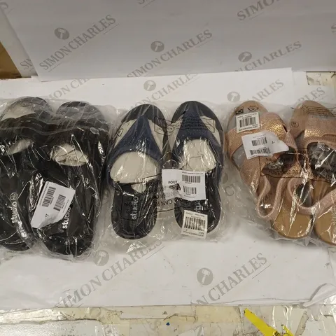 LOT OF 3 STUDIO SHOE - ROSE DIAMANTE WEDGE SIZE 7, SPORTY DIAMANTE NAVY FLIPFLOP SIZE 6, AND COLOUR DRENCH FOOTBED SANDAL SIZE 8