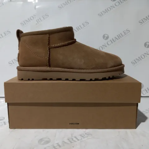 BOXED PAIR OF UGG CLASSIC ULTRA MINI SHOES IN TAN UK SIZE 4