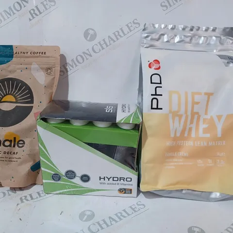 APPROXIMATELY 5 ASSORTED FOOD & DRINK ITEMS TO INCLUDE PHD DIET WHEY, SIS HYDRO, EXHALE COFFEE, ETC