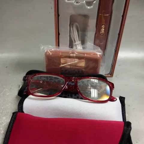 BOX OF APPROXIMATELY 10 ASSORTED ITEMS TO INCLUDE - SIMPLY BEAUTY PRODUCTS- GLASSES  ETC