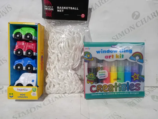 BOX OF APPROXIMATELY 20 ASSORTED TOYS AND GAMES TO INCLUDE PROJECT SWISH BASKETBALL NET, OOLY WINDOW CLING ART KIT, HAPELLO MINI VEHICLES, ETC