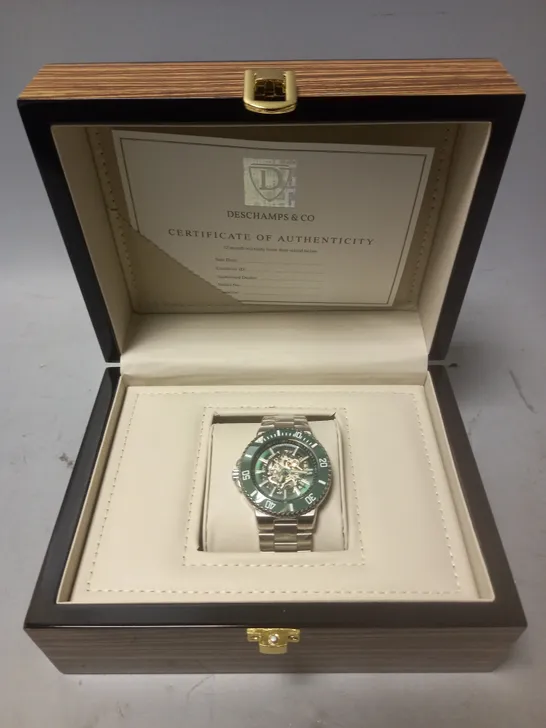 MENS DESCHAMPS & CO AUTOMATIC GREEN SKELETON DIAL W/R 3ATM STAINLESS STEEL WATCH