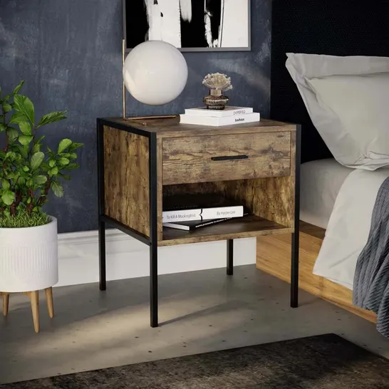 BOXED OSCAR 1 DRAWER INDUSTRIES BEDSIDE TABLE WITH METAL FRAME AND OPEN SHELF - GREY (1 BOX)