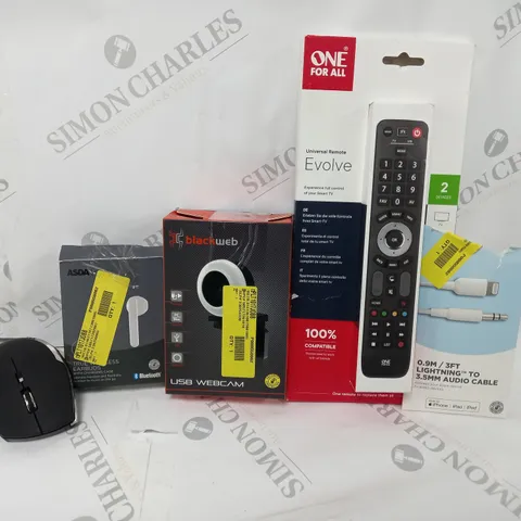 BOX OF APPROXIMATELY 30 ASSORTED ELECTRICALS TO INCLUDE BLACKWEB USB WEBCAM, TRUE WIRELESS EARBUDSM ONE FOR ALL REMOTE, ETC