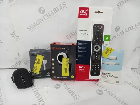 BOX OF APPROXIMATELY 30 ASSORTED ELECTRICALS TO INCLUDE BLACKWEB USB WEBCAM, TRUE WIRELESS EARBUDSM ONE FOR ALL REMOTE, ETC