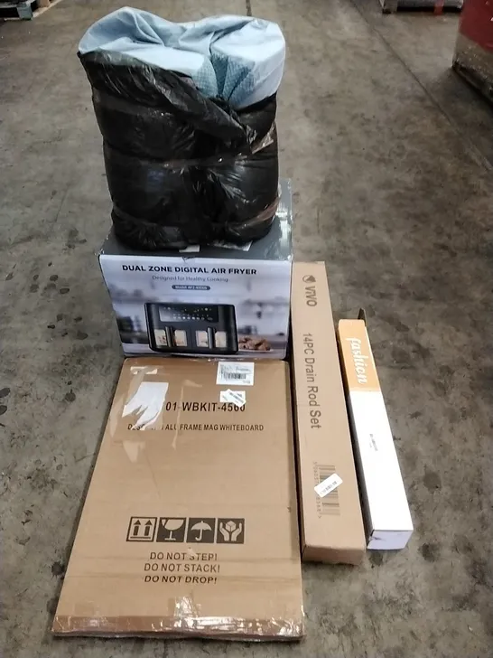 A PALLET OF VARIOUS ITEMS TO INCLUDE. AIR FRYER, WHITEBOARD, DOG BED, DRAIN ROD SET AND WINDOW BLINDS