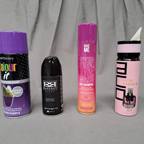 APPROXIMATELY 10 ASSORTED AEROSOL ITEMS IN INCLUDE PURPLE SPRAY PAINT, DEODORANT, DRY SHAMPOO, ETC - COLLECTION ONLY