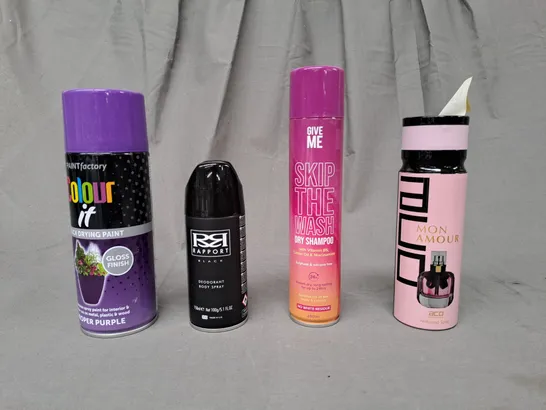 APPROXIMATELY 10 ASSORTED AEROSOL ITEMS IN INCLUDE PURPLE SPRAY PAINT, DEODORANT, DRY SHAMPOO, ETC - COLLECTION ONLY