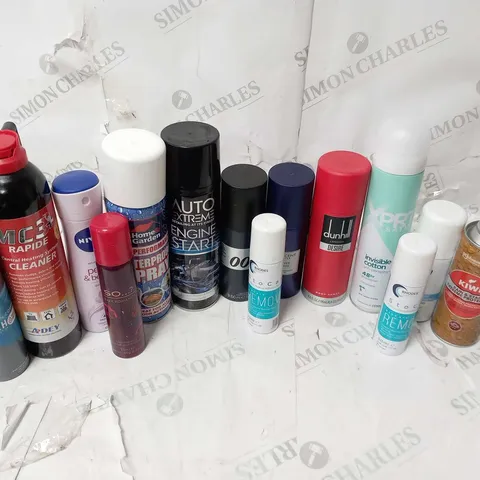 APPROXIMATELY 23 ASSORTED AEROSOL SPRAYS TO INCLUDE; KIWI, DOVE, AUTO EXTREME, DUNHILL, RHODES PHARMA, MC3 RAPIDE, HOME AND GARDEN AND 007