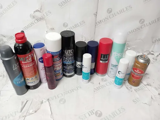 APPROXIMATELY 23 ASSORTED AEROSOL SPRAYS TO INCLUDE; KIWI, DOVE, AUTO EXTREME, DUNHILL, RHODES PHARMA, MC3 RAPIDE, HOME AND GARDEN AND 007