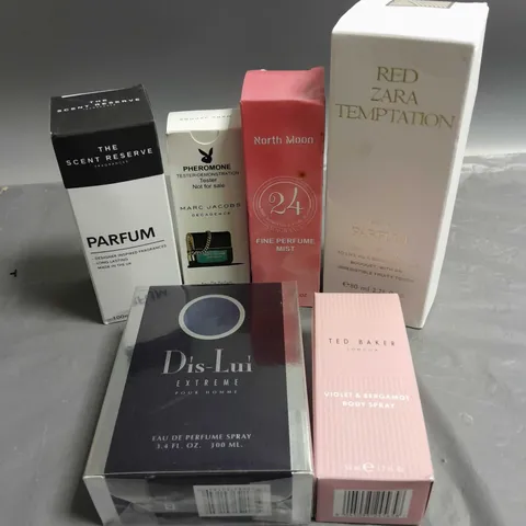 BOX OF APPROXIMATELY 6 ASSORTED BOXED FRAGRANCES TO INCLUDE - RED ZARA TEMPTATION - THE SCENT RESERVE - DIS LUI EXTREME - ETC