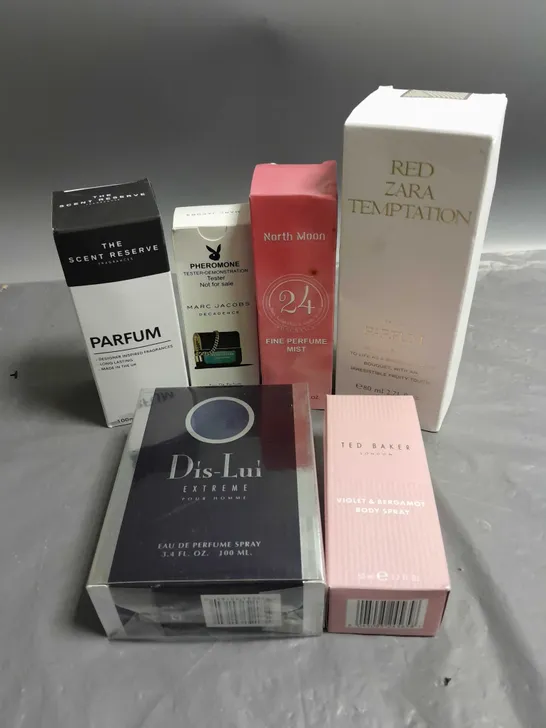 BOX OF APPROXIMATELY 6 ASSORTED BOXED FRAGRANCES TO INCLUDE - RED ZARA TEMPTATION - THE SCENT RESERVE - DIS LUI EXTREME - ETC