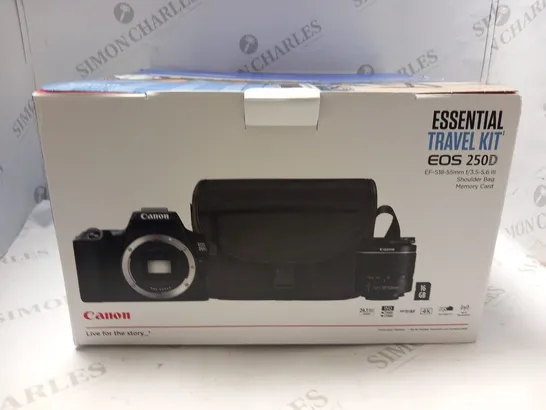 BOXED CANON ESSENTIAL TRAVEL KIT TO INCLUDE;  EOS 250D, EF-S 18-55 III AND TRAVEL BAG